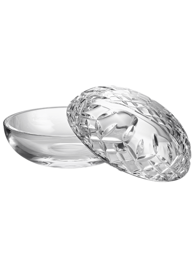 Waterford Crystal Lismore Essence Covered Bowl with clear cut crystal lid and smooth base, featuring signature wedge and diamond cuts, ideal for keepsakes or home décor